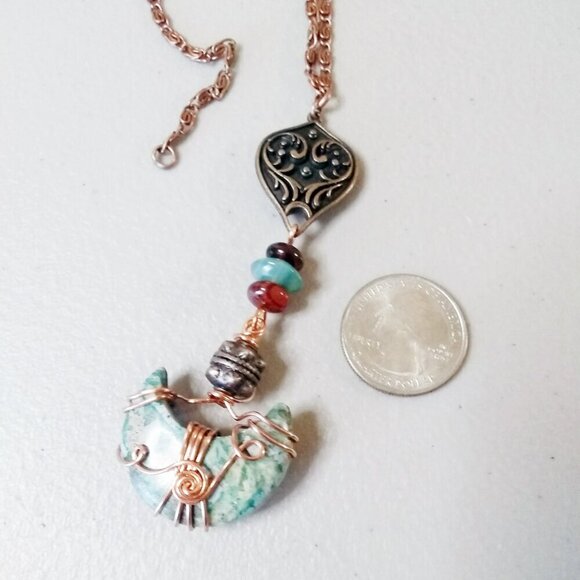 One-Of-A-Kind! Crescent Moon Necklace! Elaborately Sectioned Wire Wrapped Design - Picture 7 of 14